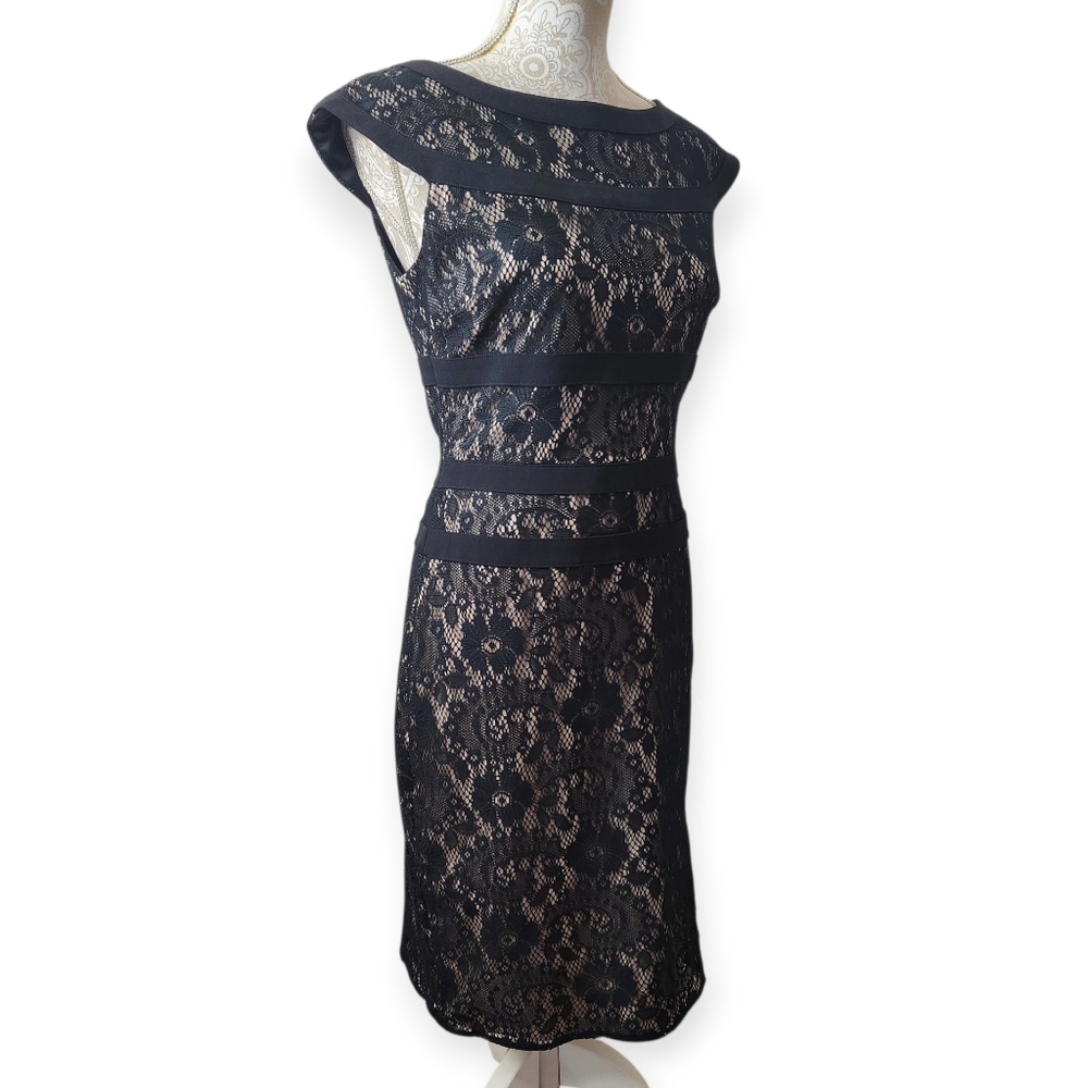 Adrianna Papell Black Nude Lace Cocktail Sheath Dress Size 8